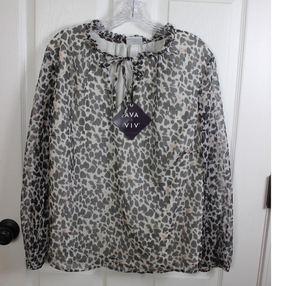 Ava & Viv Womens Plus Size X Black White Abstract Animal Print Tie Neck Blouse